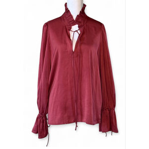 Banana Republic Burgundy Satin Tie Neck Blouse M Ruffle Collar Long Sleeve